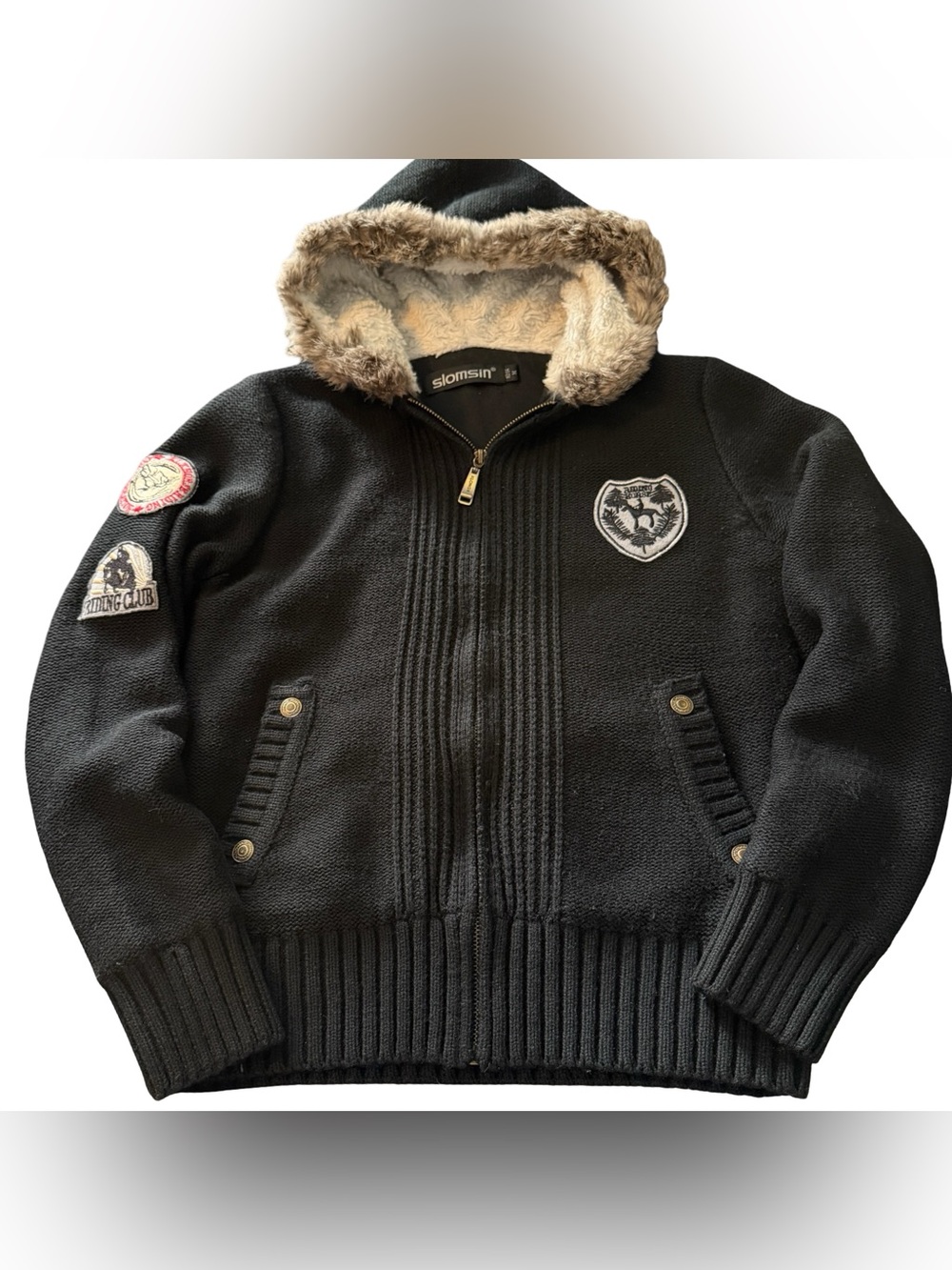 Black Y2K Slomsin Sherpa Fur Knot Zip Hoodie Crop Medium